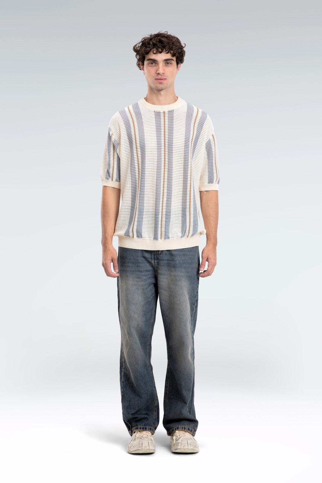 striped open knit t-shirt