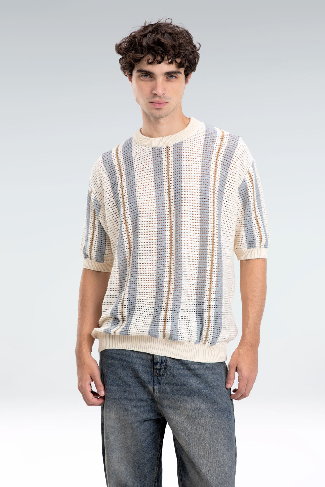striped open knit t-shirt
