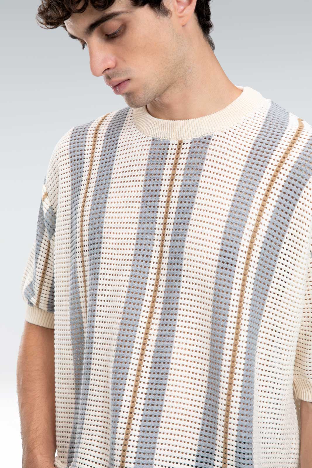 striped open knit t-shirt
