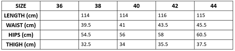 Size chart for wide leg washed effect jeans