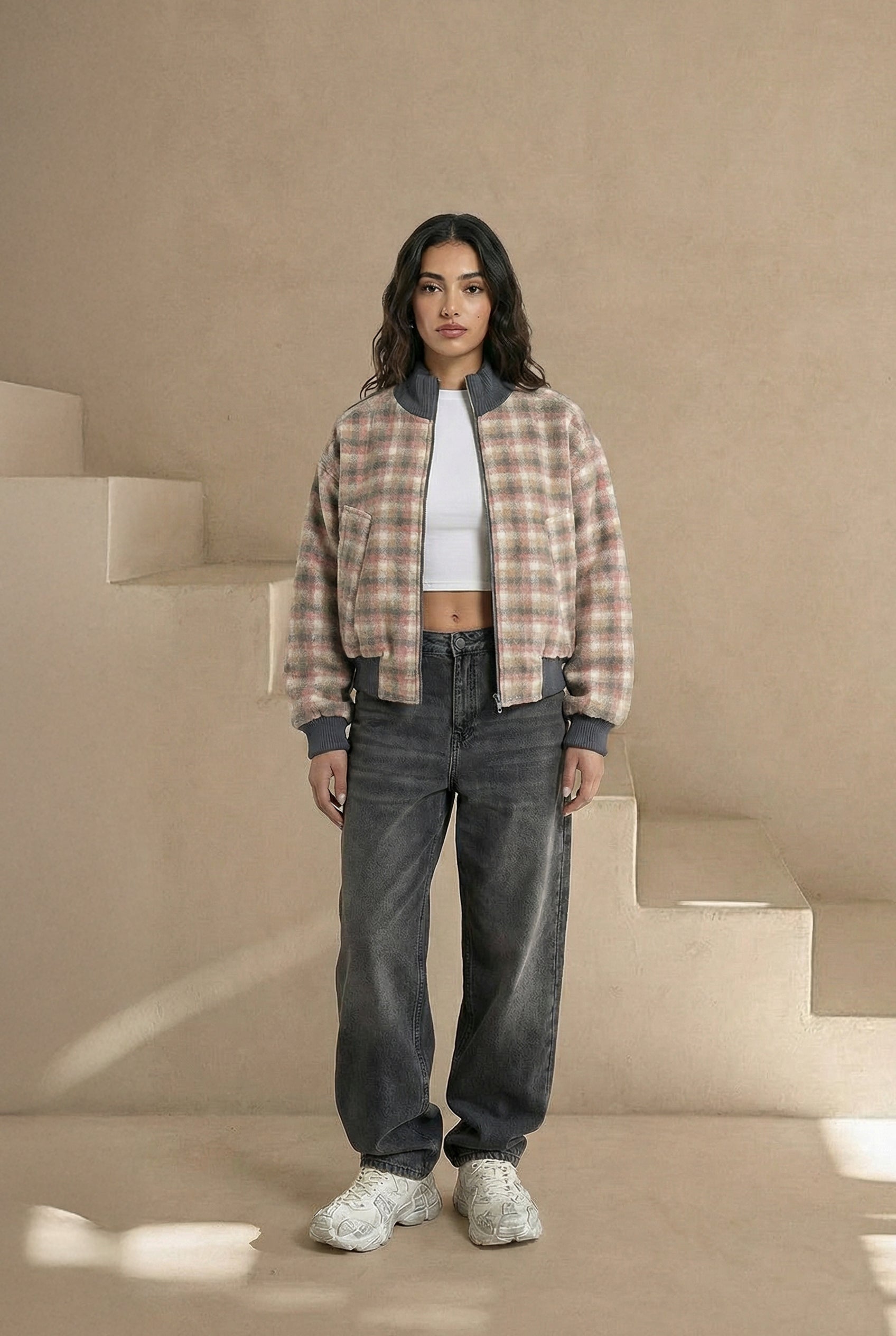 bomber jacket with a checkered pattern