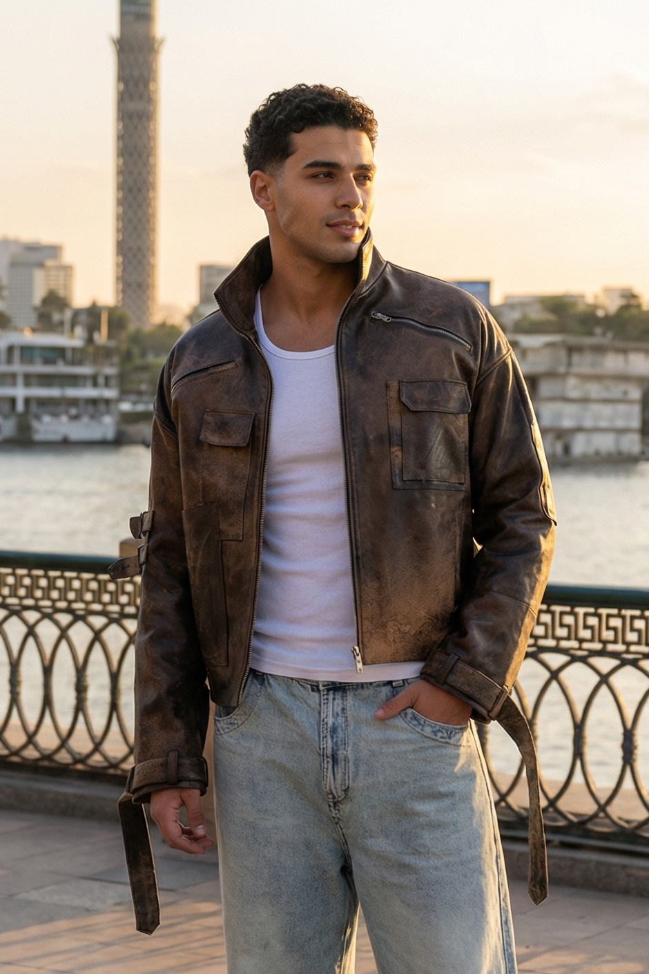 stone detailed distressed natural leather ( one of a kind )