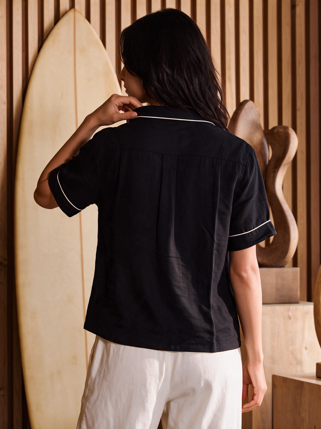 Black Linen Shirt White Trim