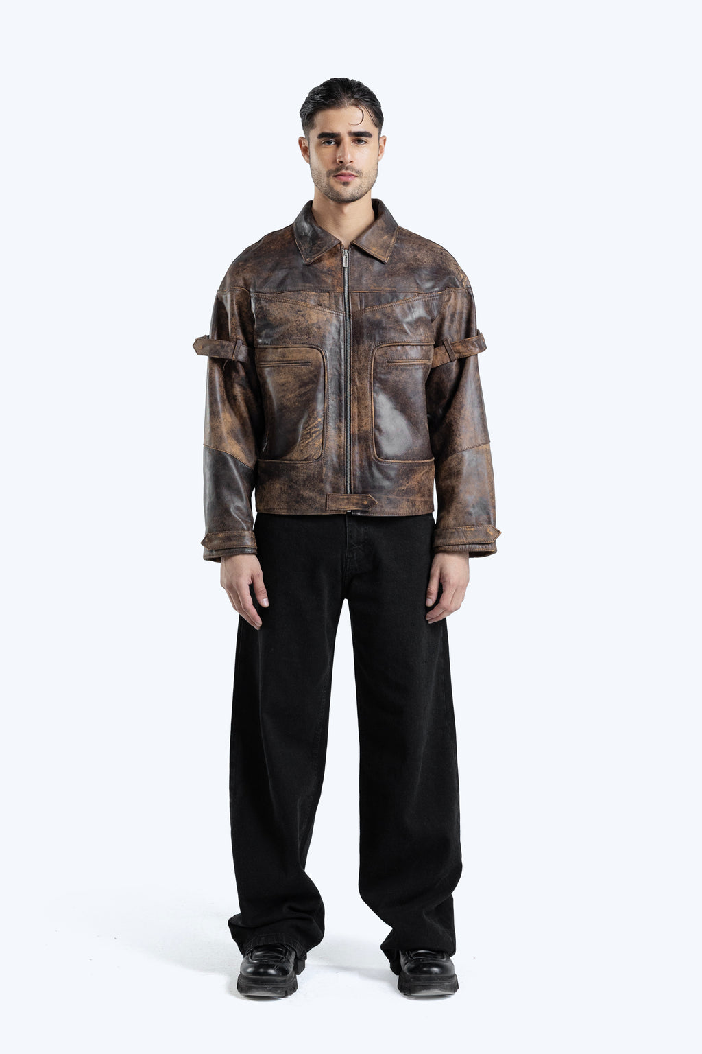 stone detailed distressed leather