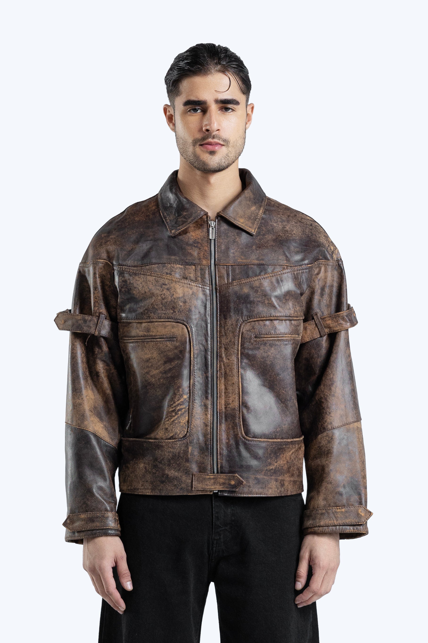 stone detailed distressed leather