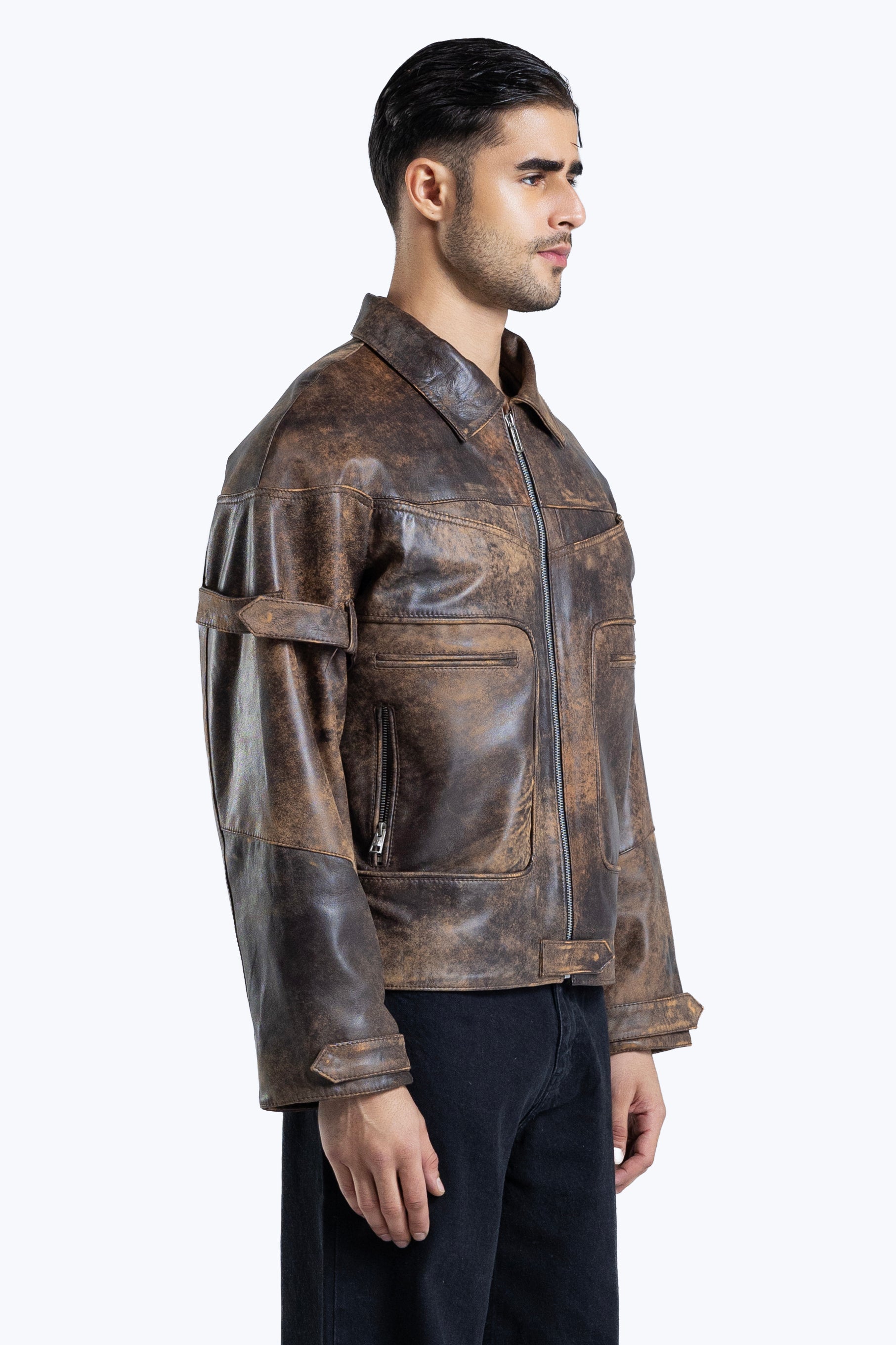 stone detailed distressed leather