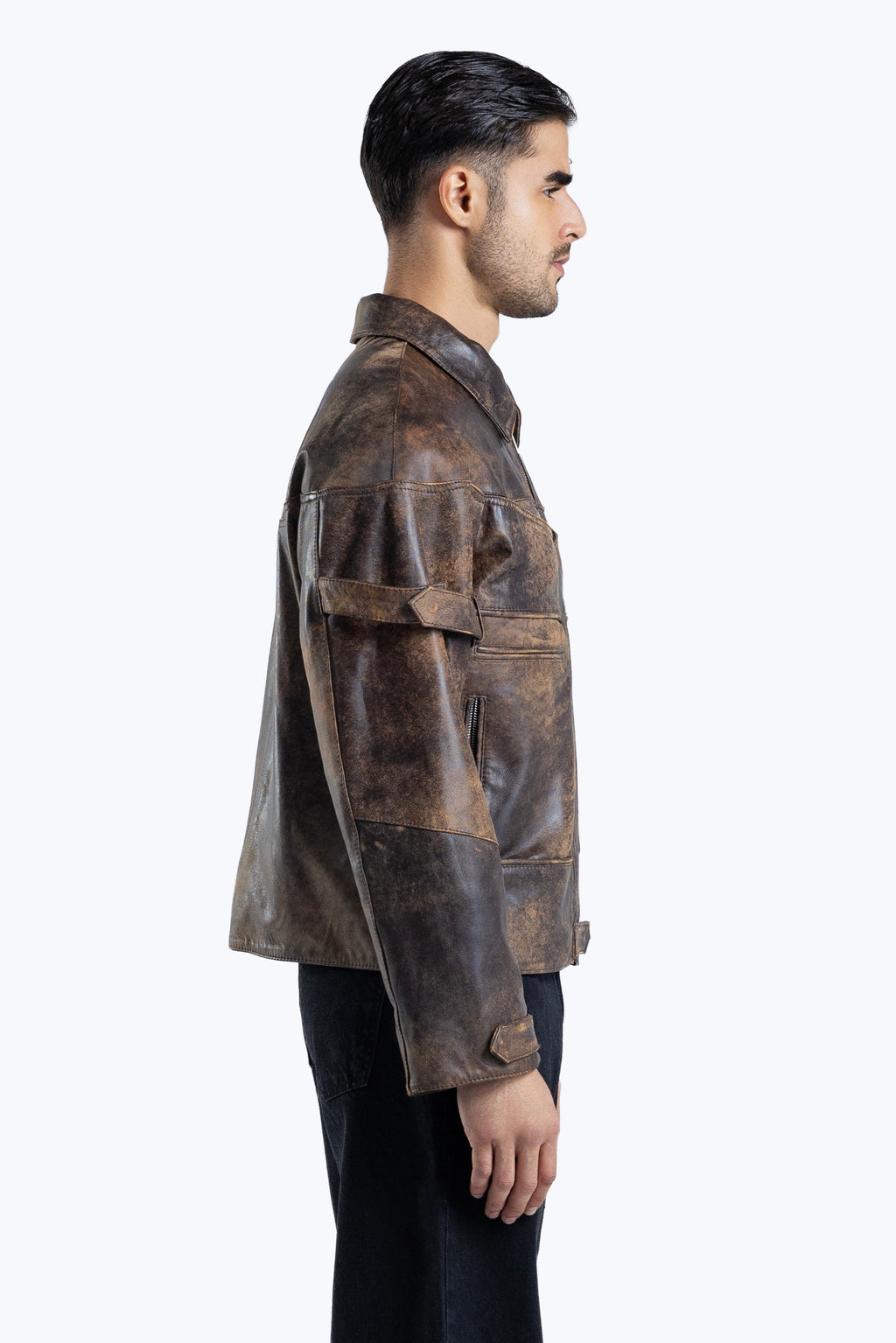 stone detailed distressed leather