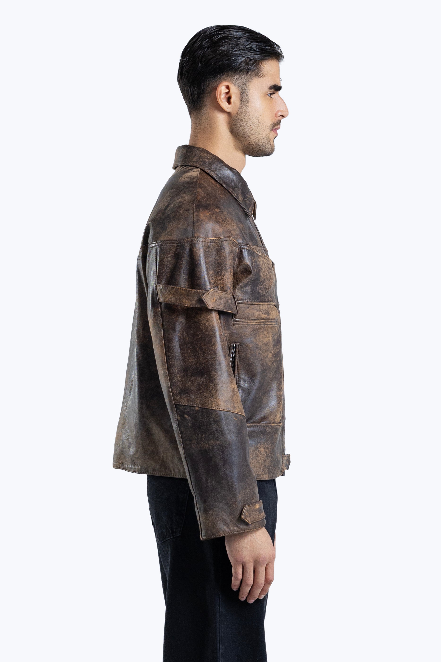 stone detailed distressed leather