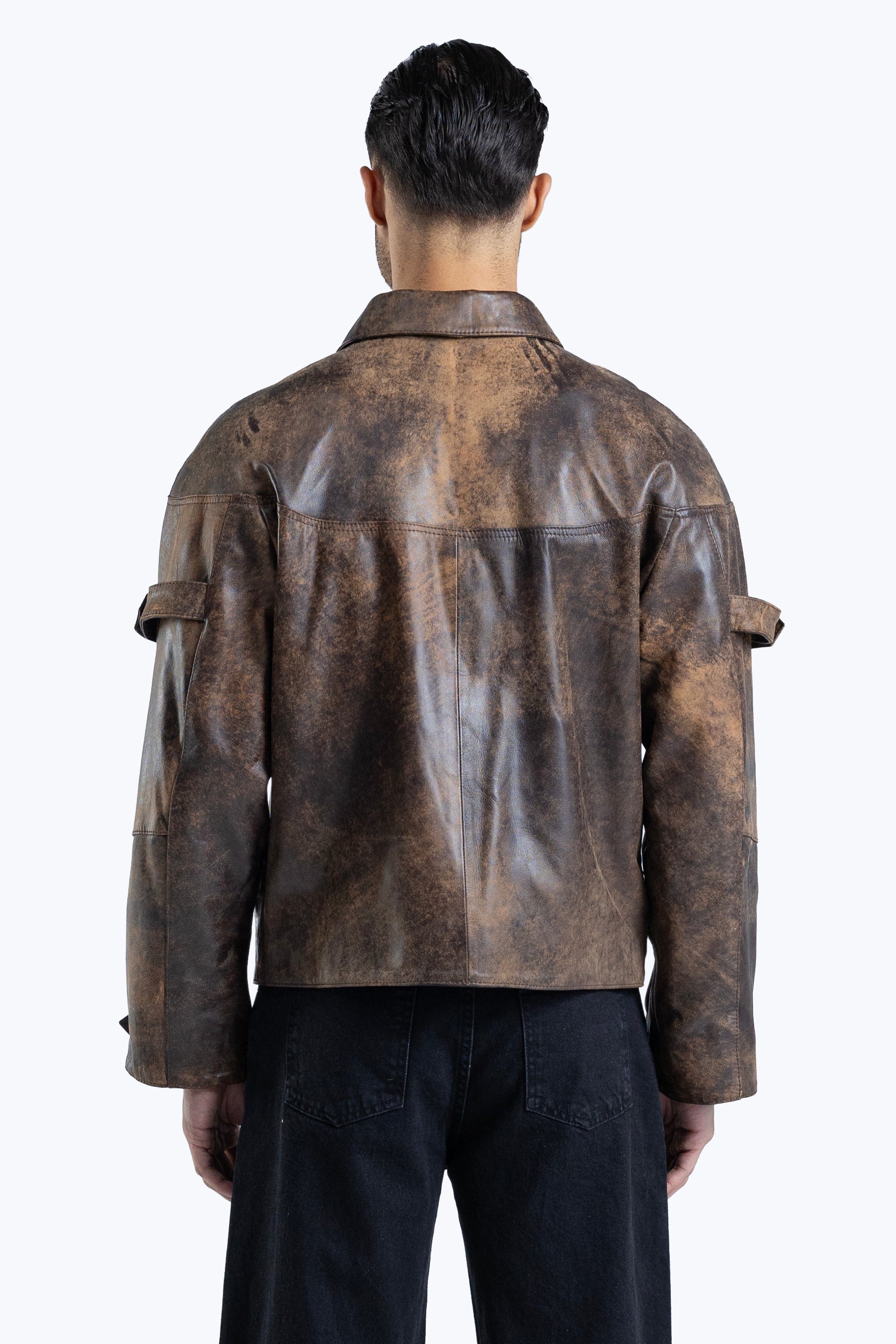 stone detailed distressed leather