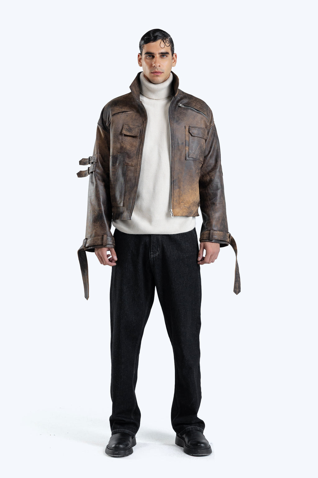 stone detailed distressed leather