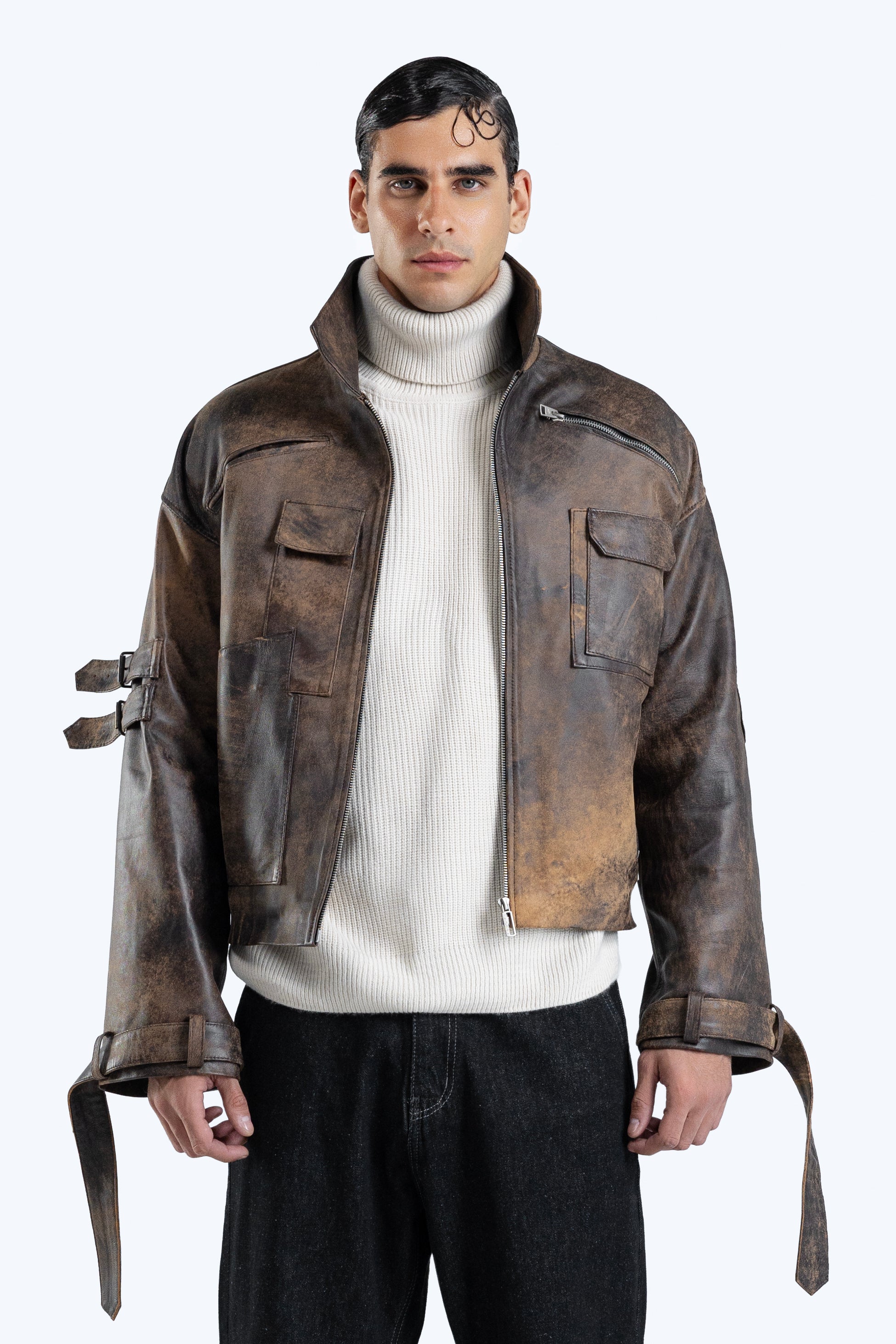 stone detailed distressed leather