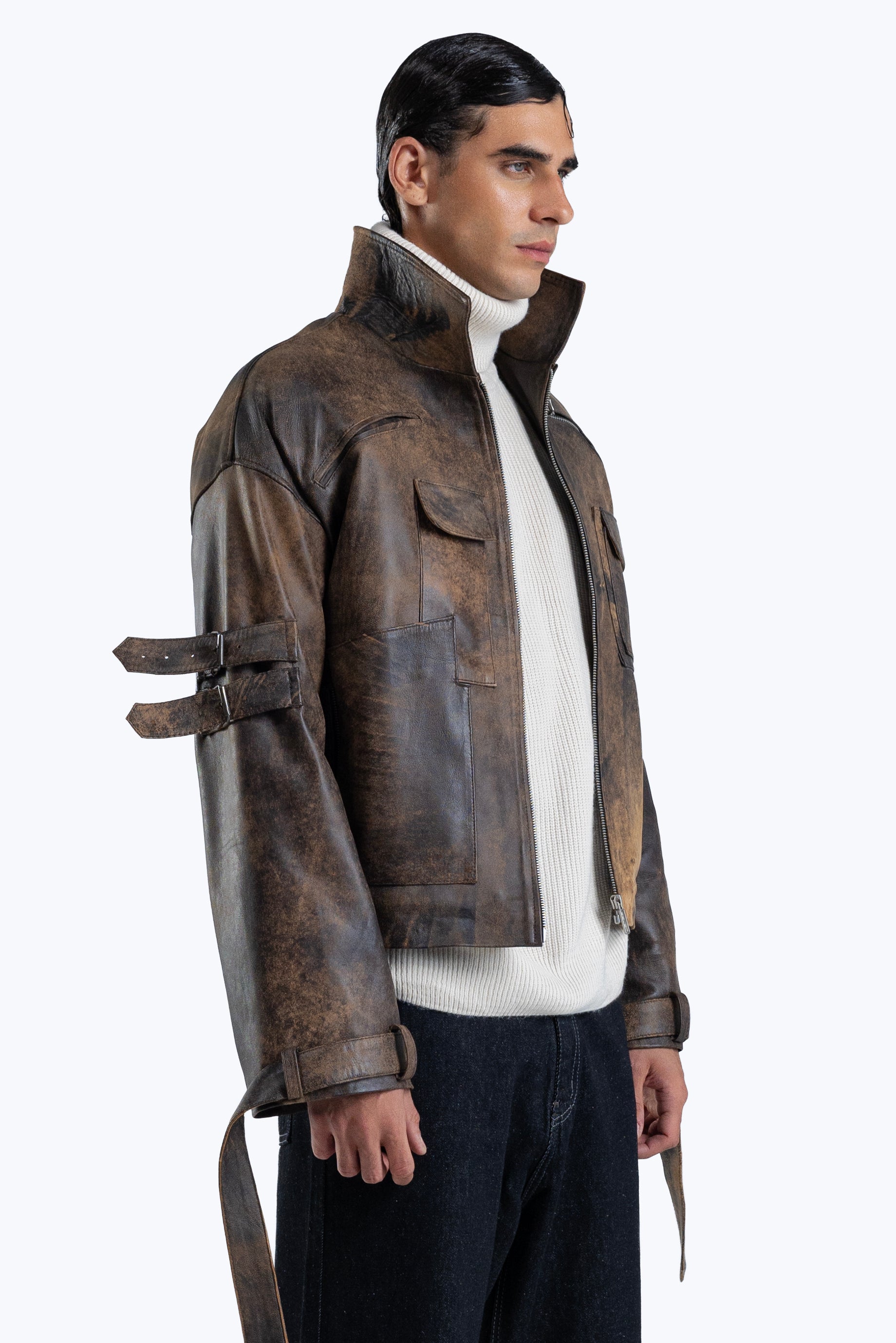 stone detailed distressed leather