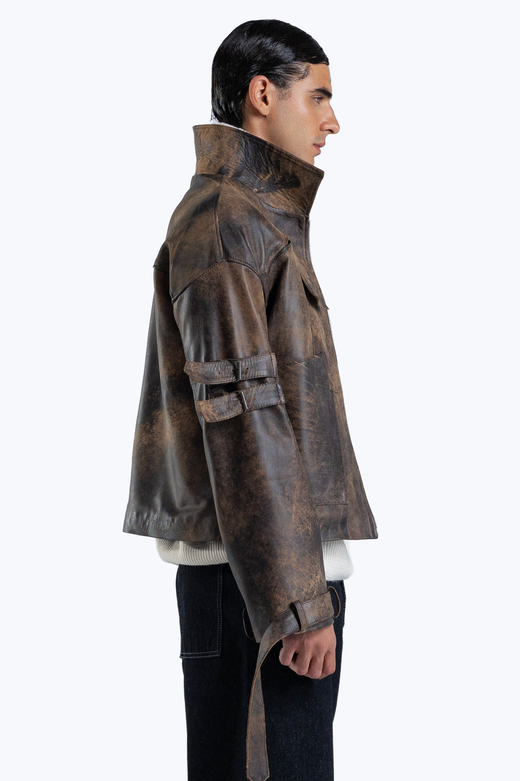 stone detailed distressed leather