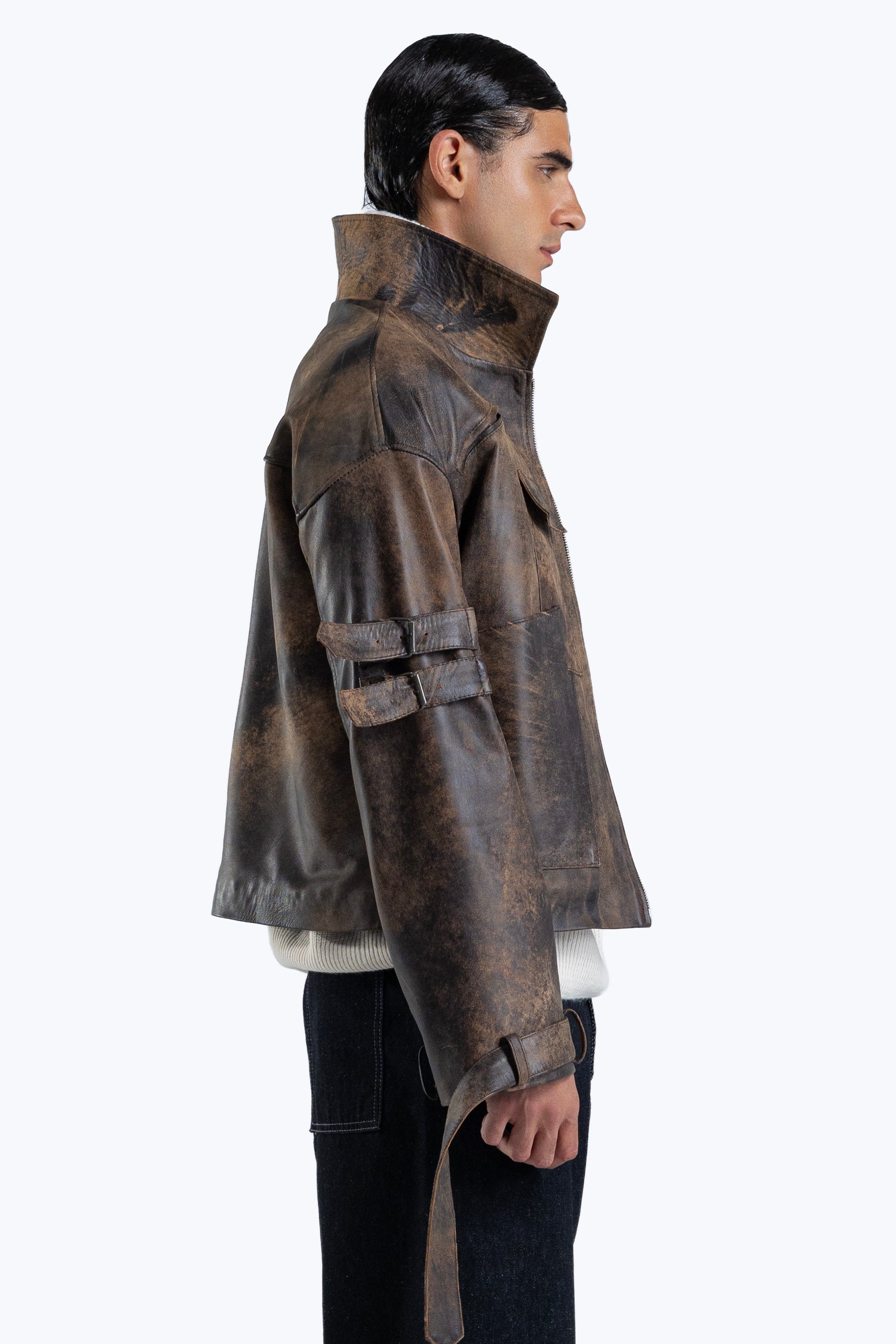 stone detailed distressed leather