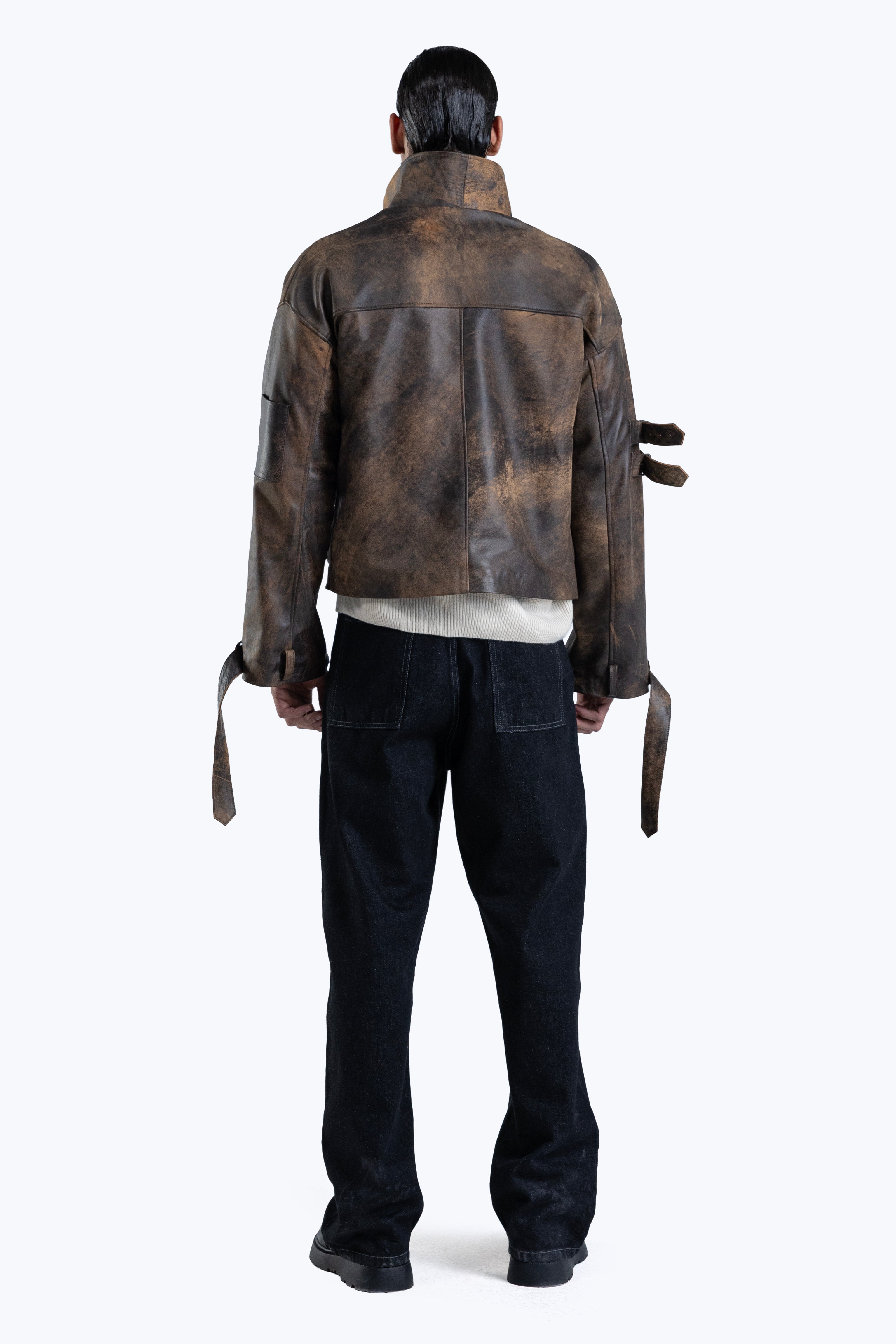 stone detailed distressed leather