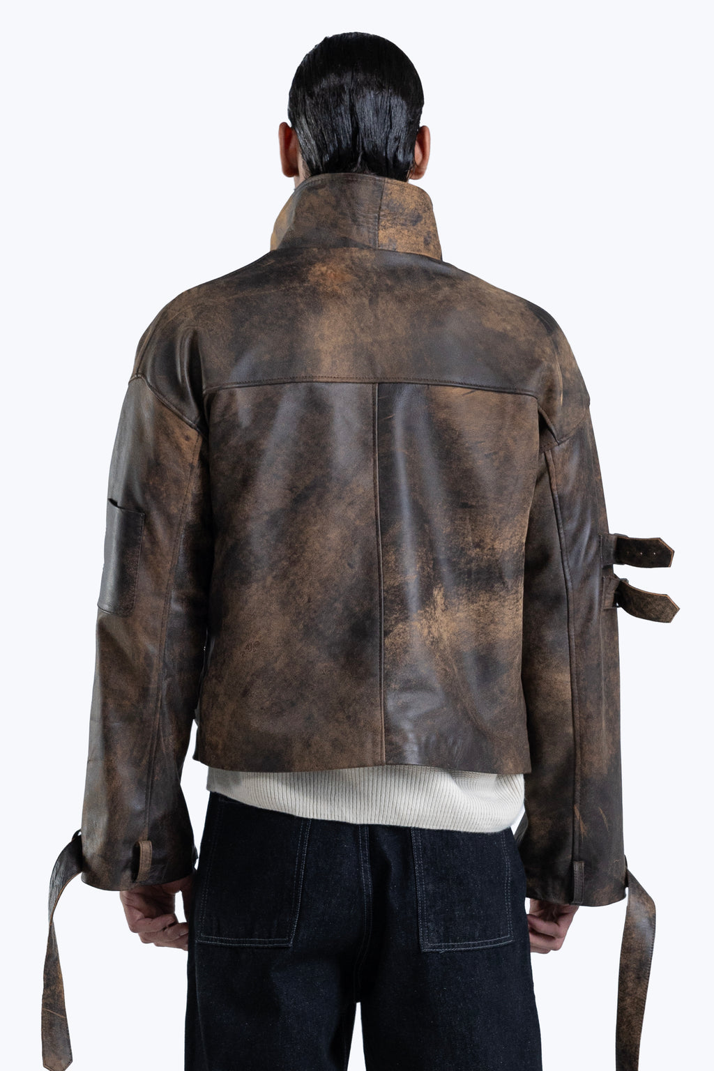 stone detailed distressed leather