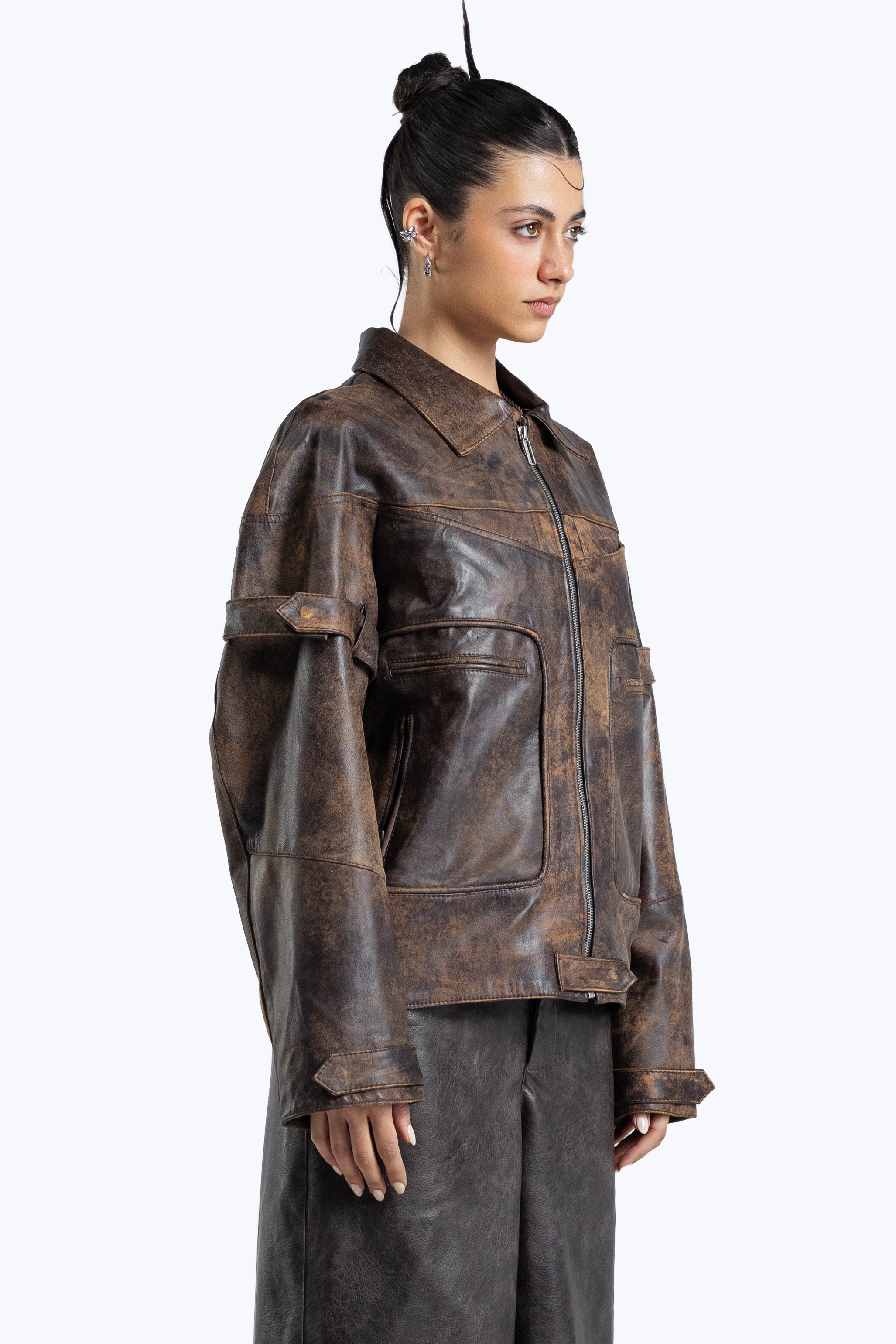 stone detailed distressed leather