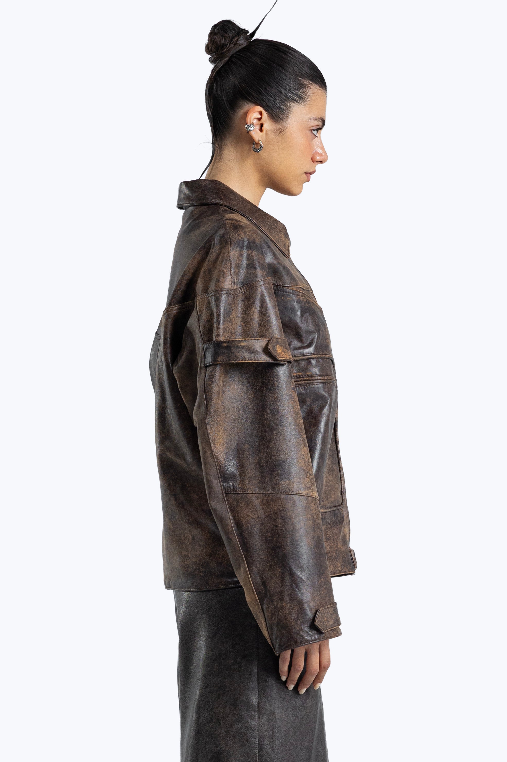 stone detailed distressed leather