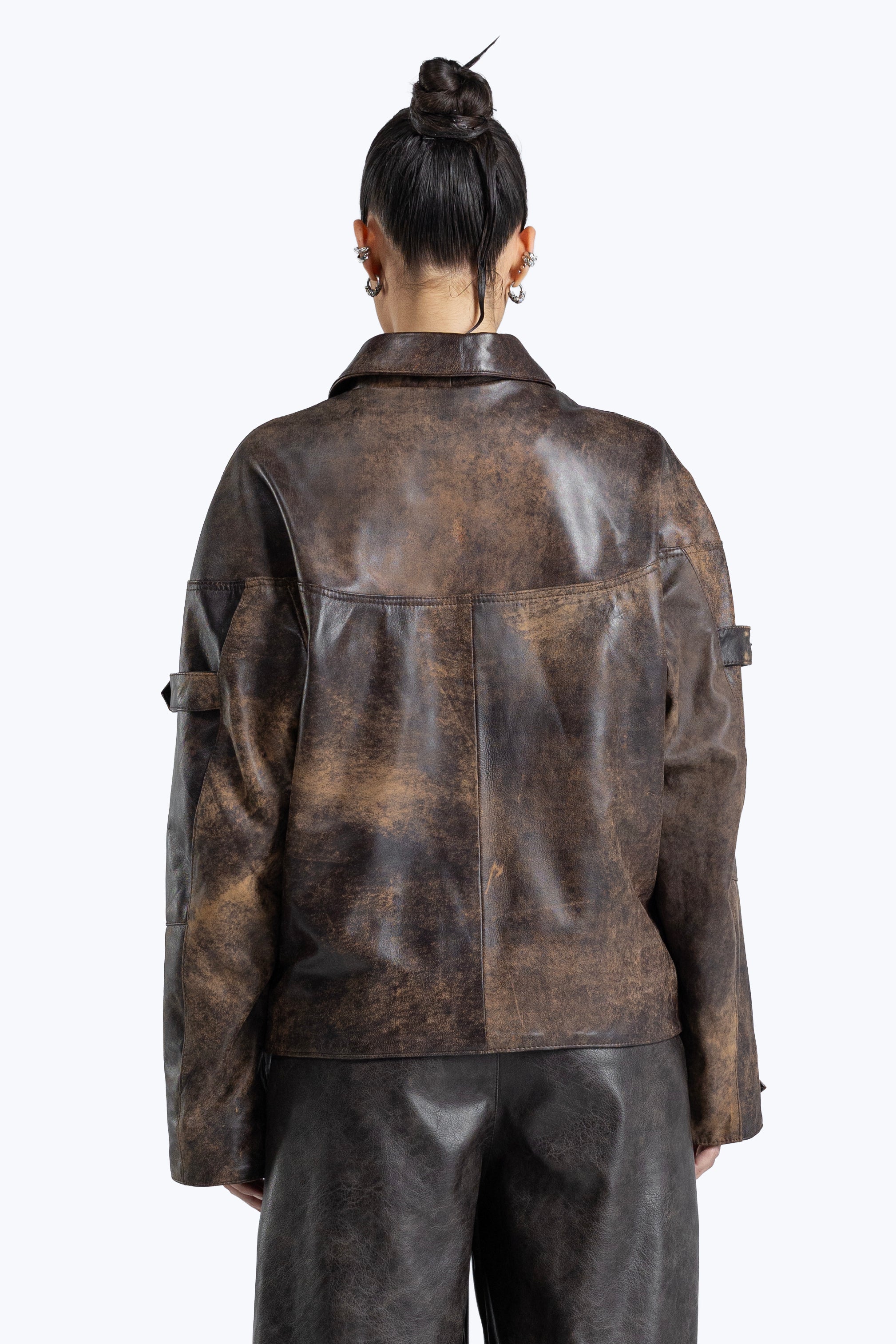 stone detailed distressed leather