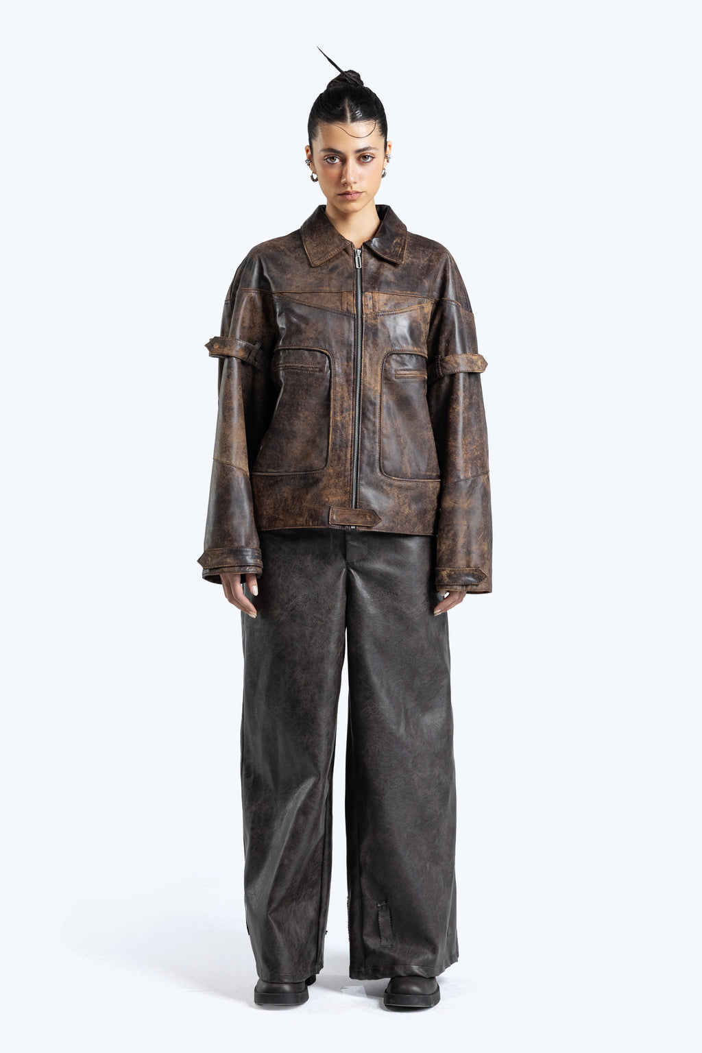 stone detailed distressed leather