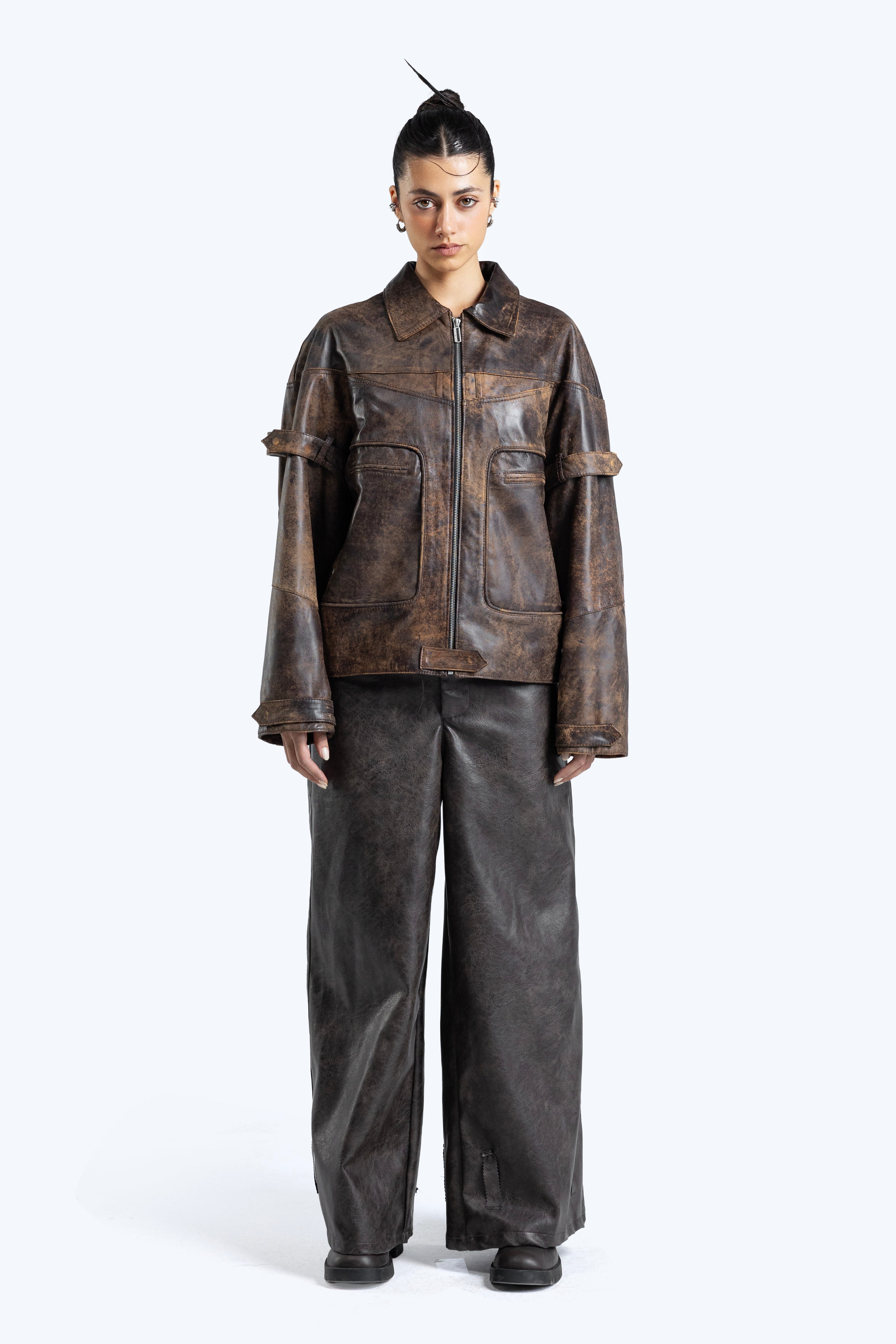 stone detailed distressed leather