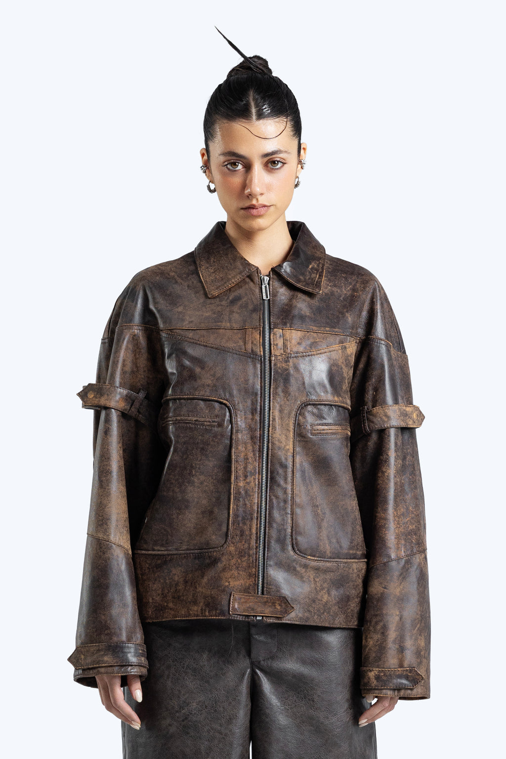 stone detailed distressed leather