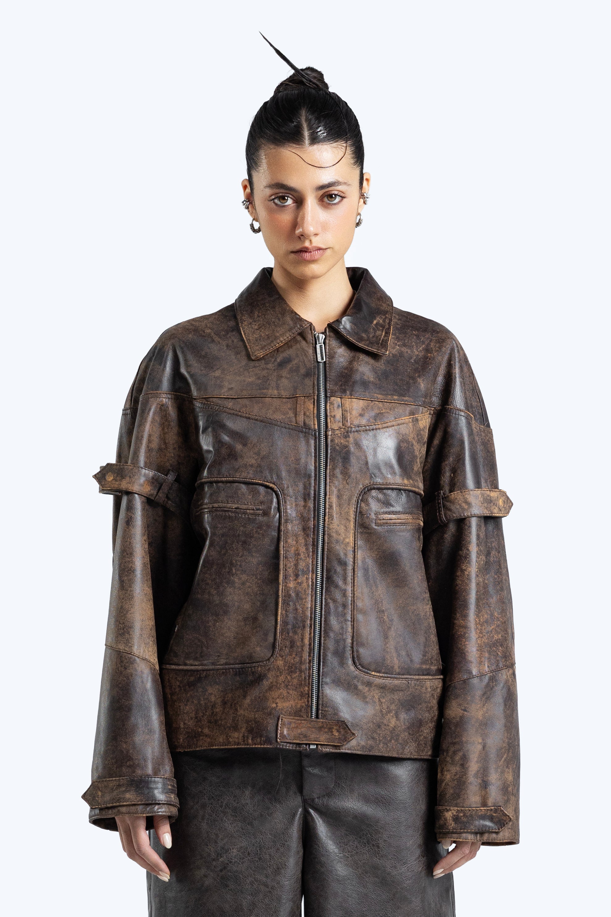 stone detailed distressed leather