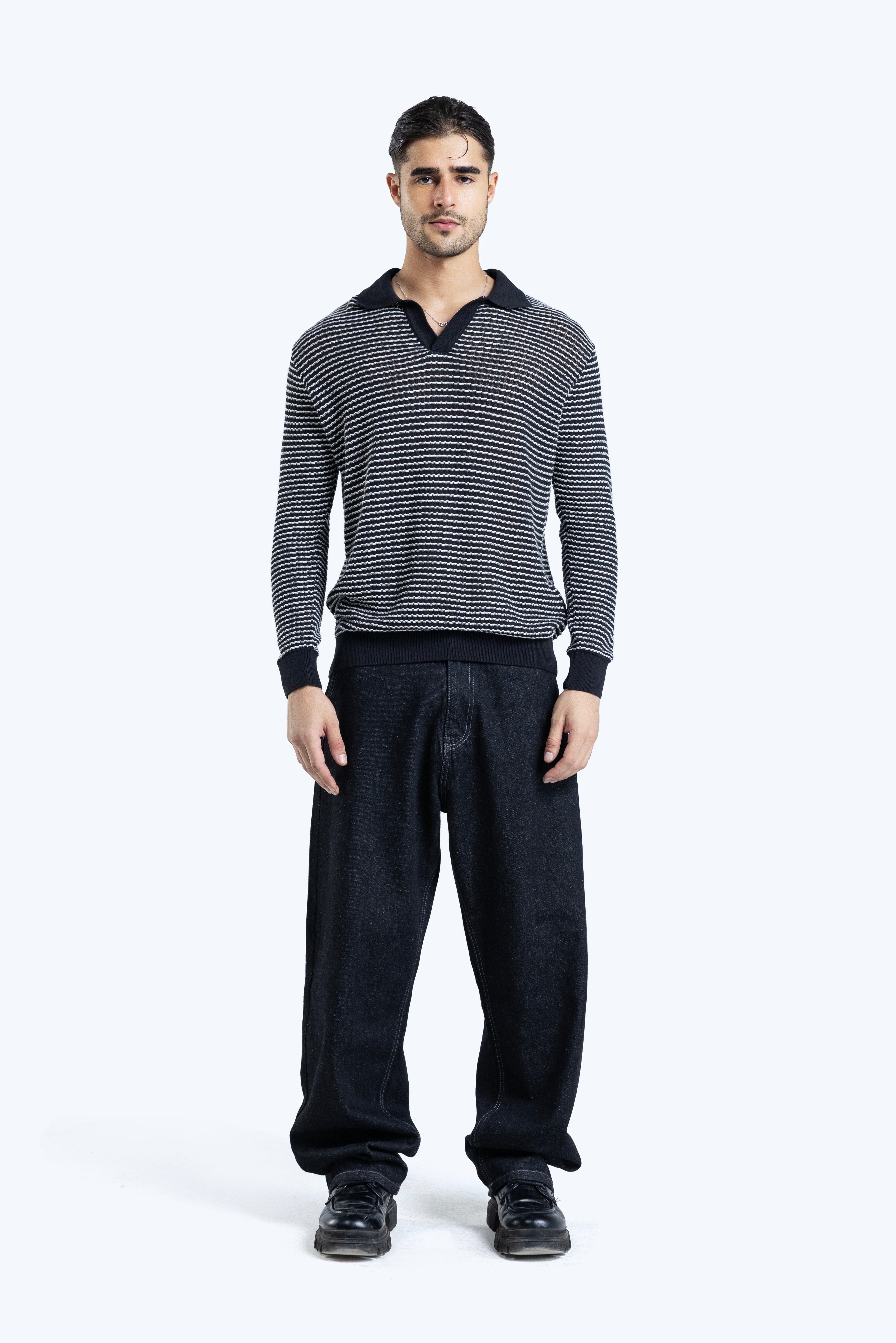 striped knit polo shirt with contrast collar