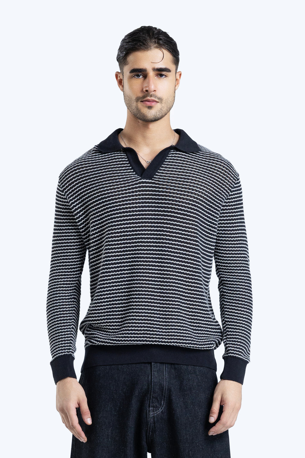 striped knit polo shirt with contrast collar