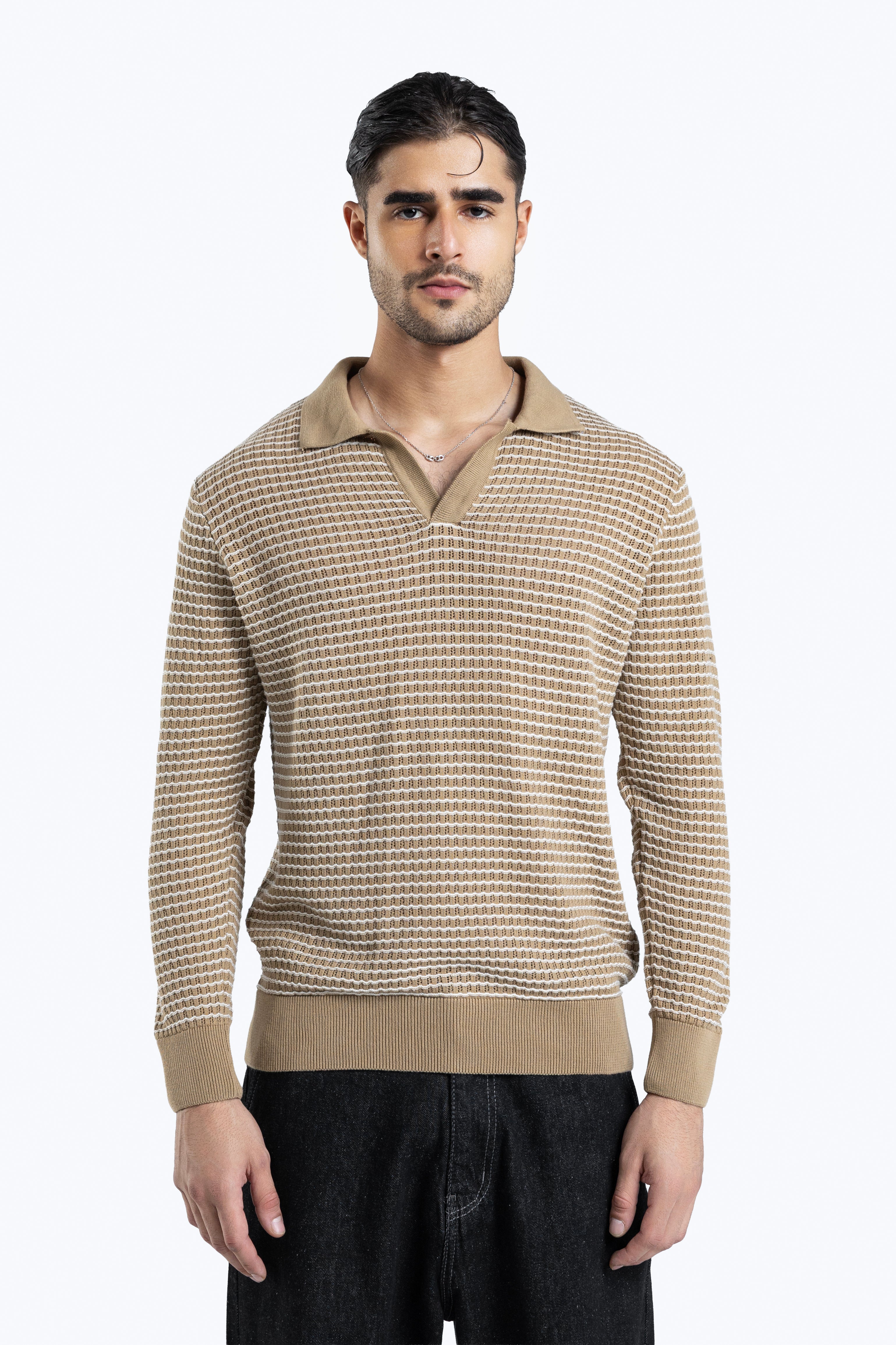 striped knit polo shirt with contrast collar
