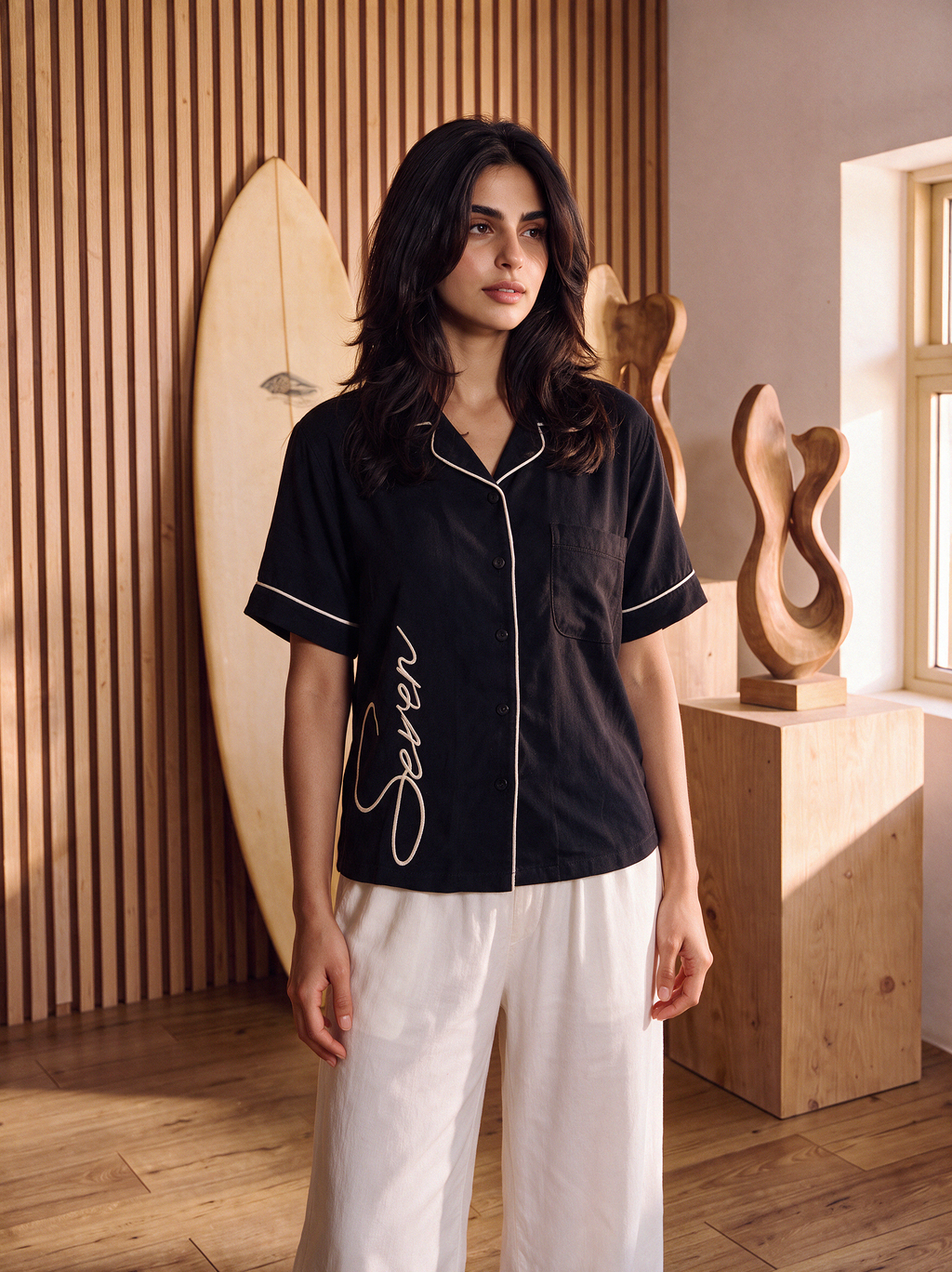 Black Linen Shirt White Trim