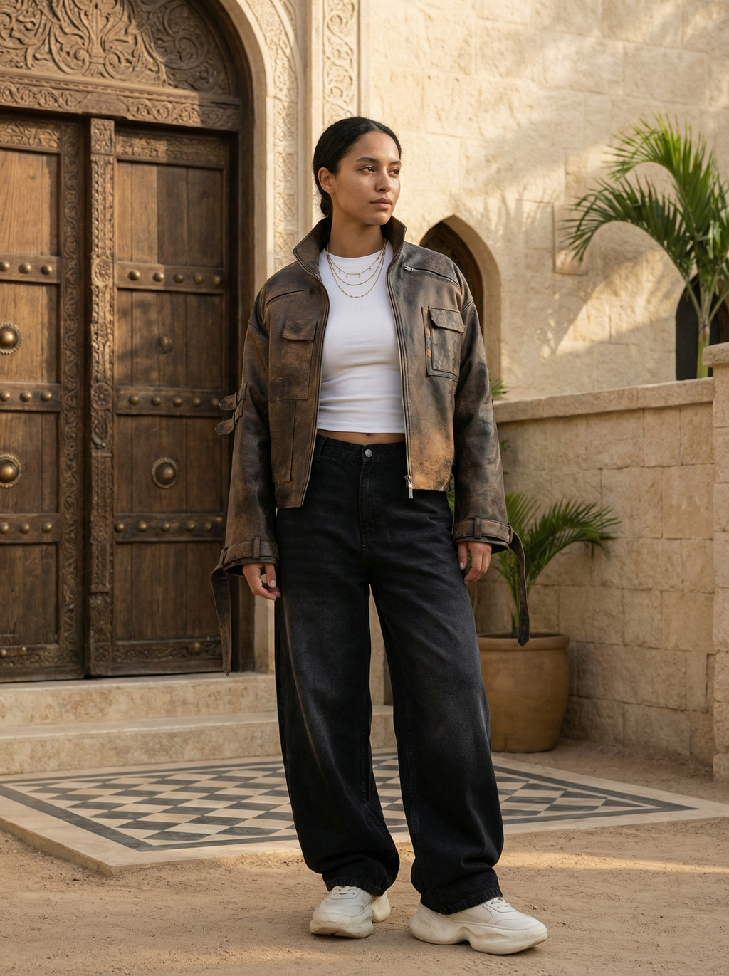 stone detailed distressed natural leather ( one of a kind )