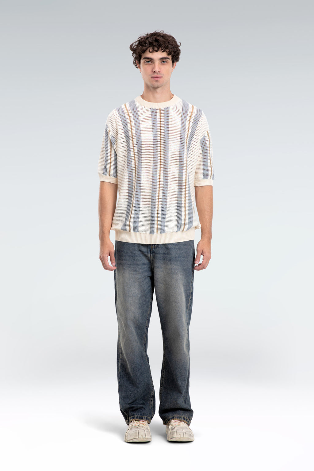striped open knit t-shirt