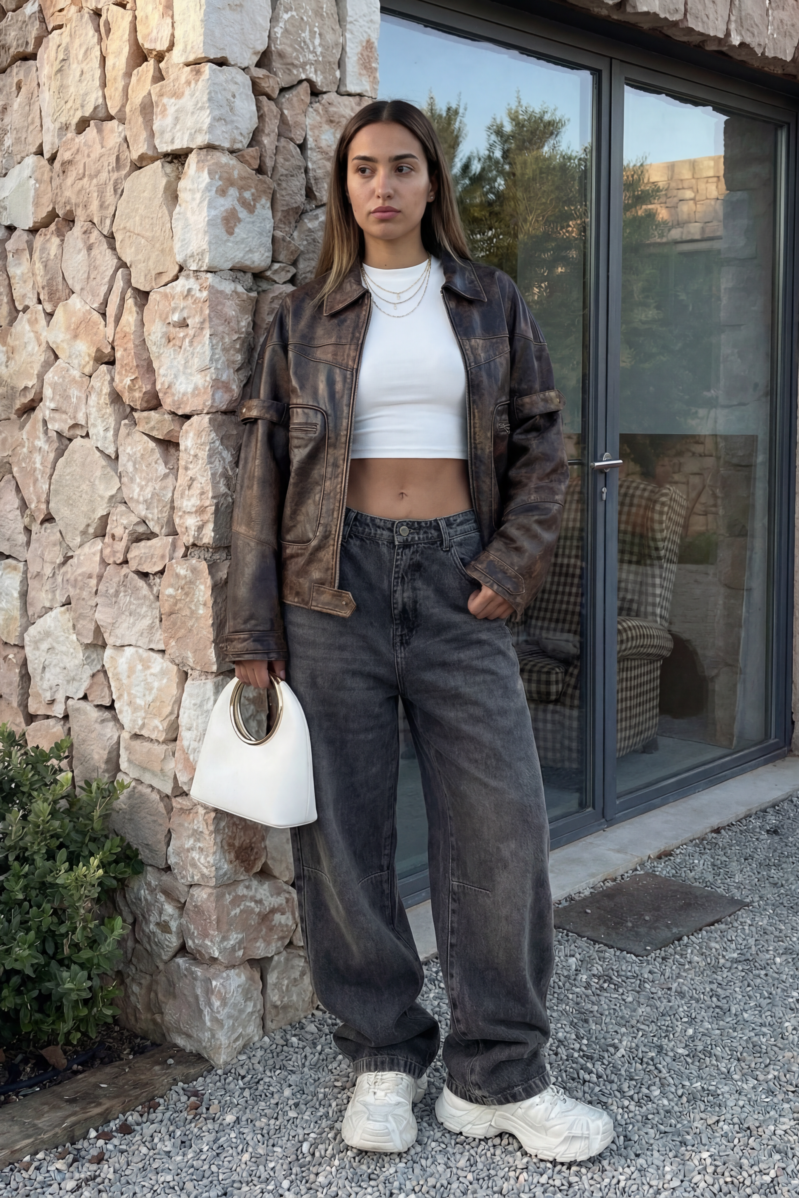 stone detailed distressed natural leather ( one of a kind )