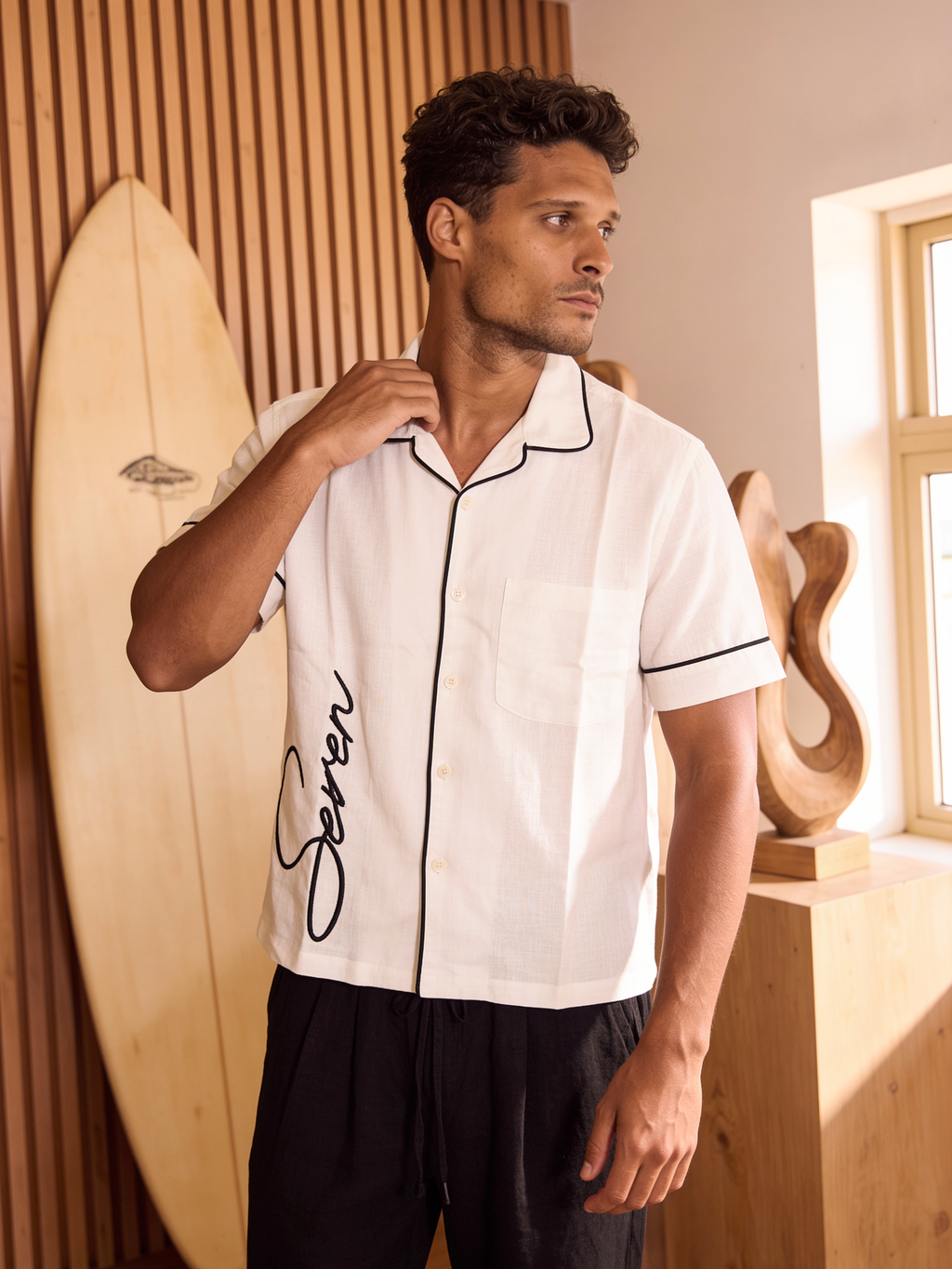white linen shirt Black trim