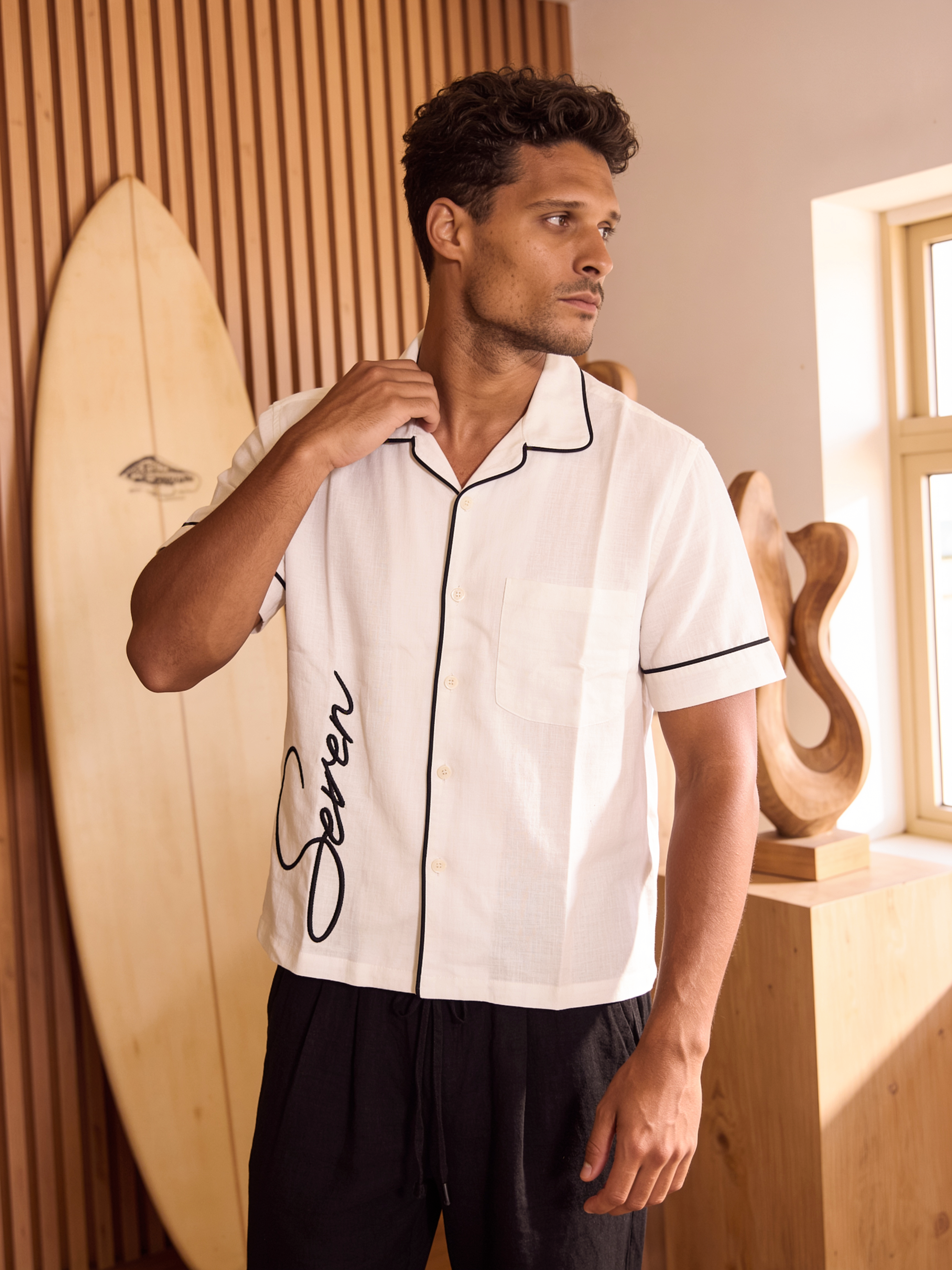 white linen shirt Black trim
