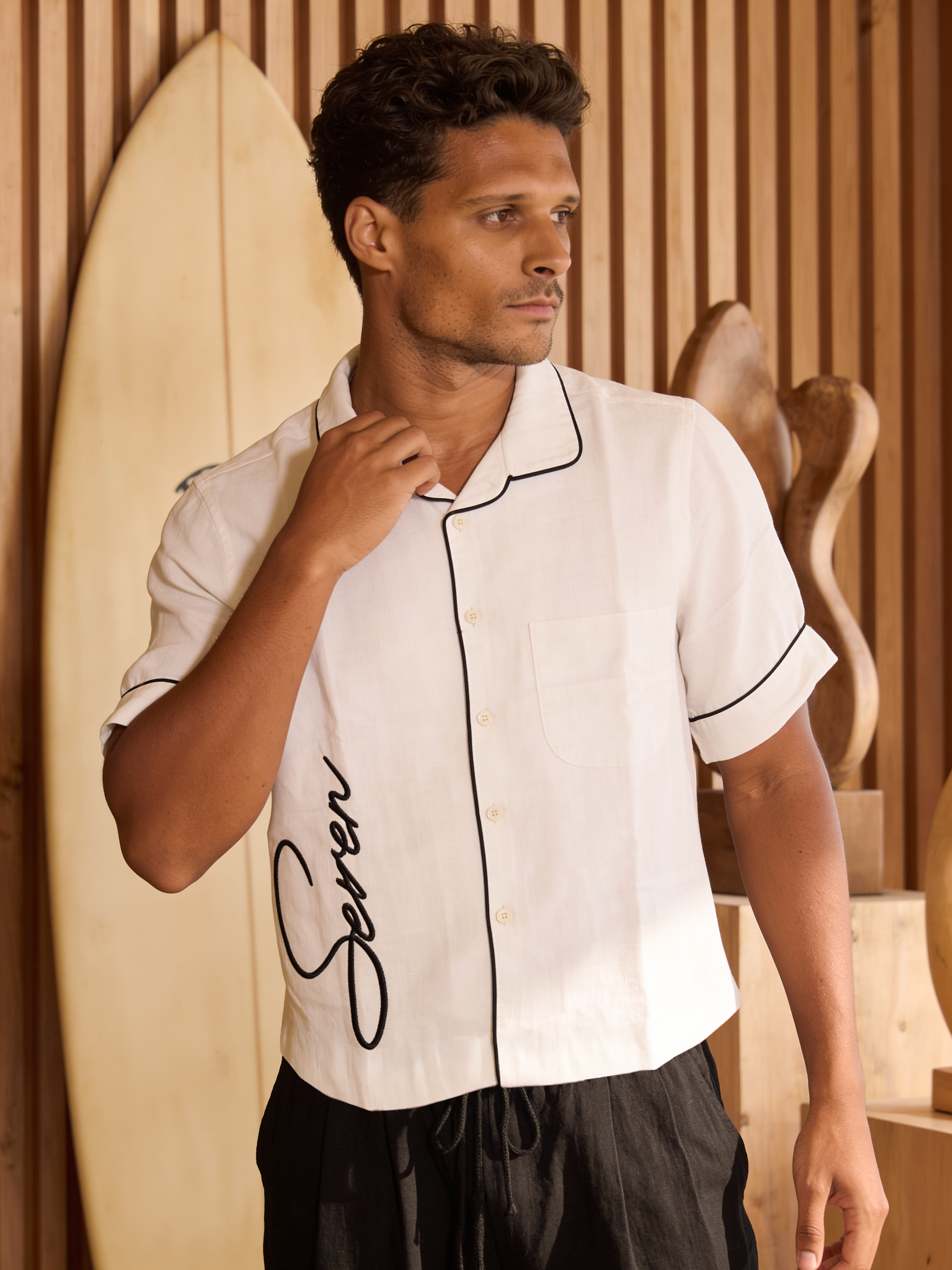 white linen shirt Black trim