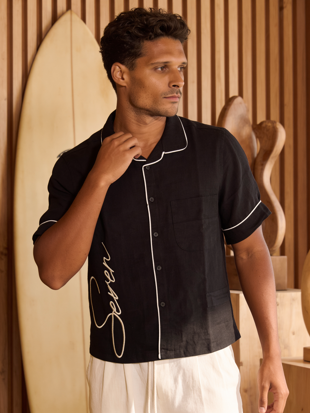 Black linen shirt white trim