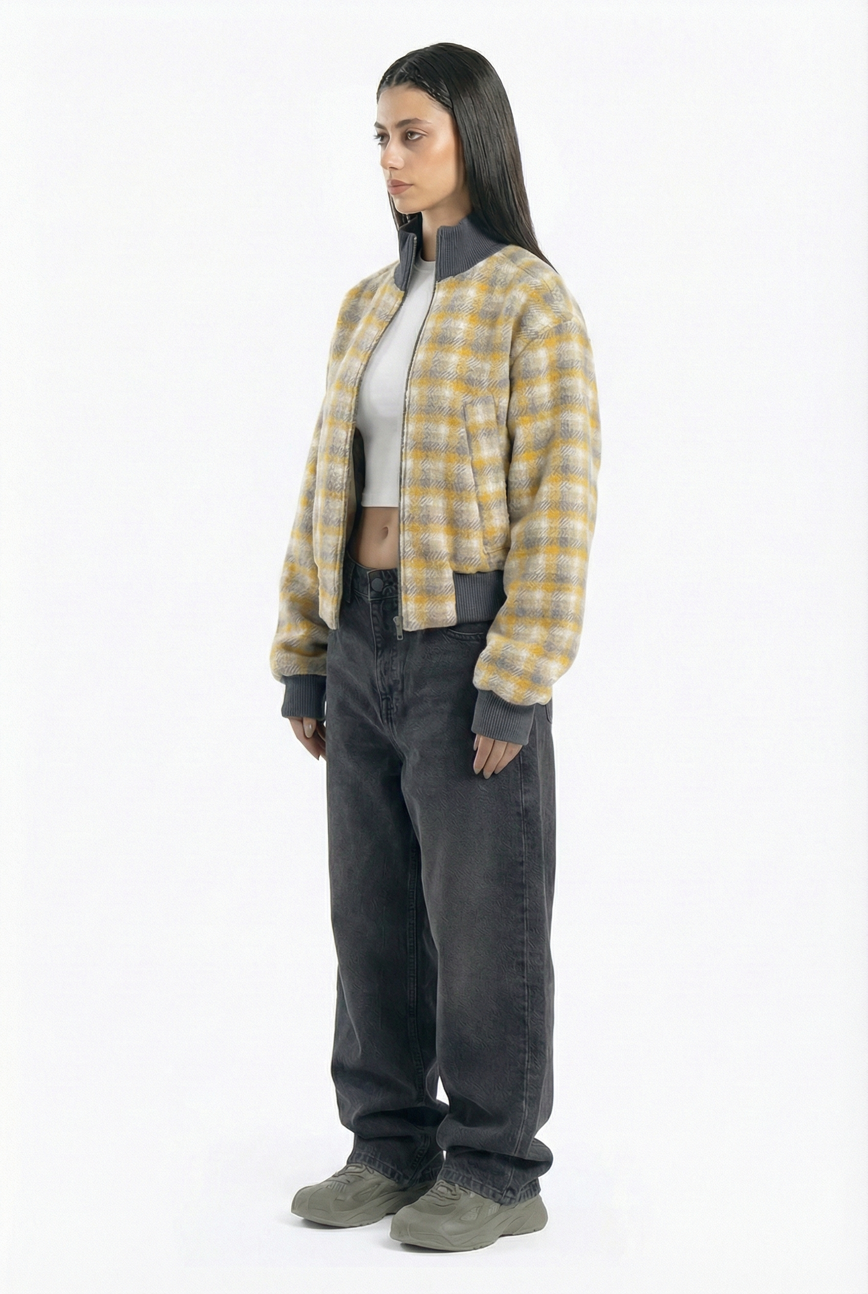 bomber jacket with a checkered pattern