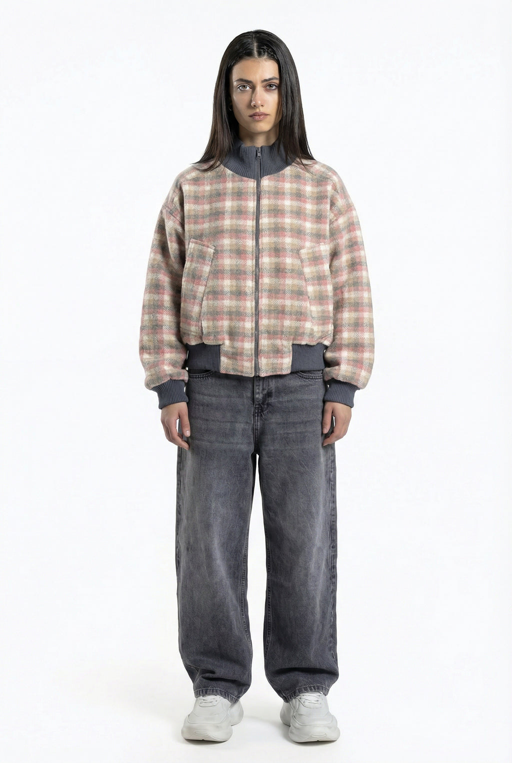 bomber jacket with a checkered pattern