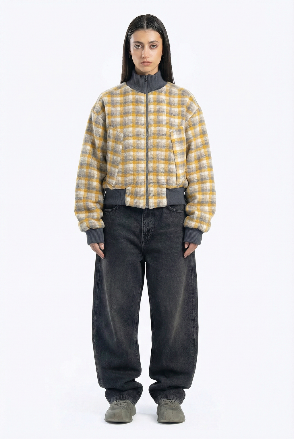 bomber jacket with a checkered pattern