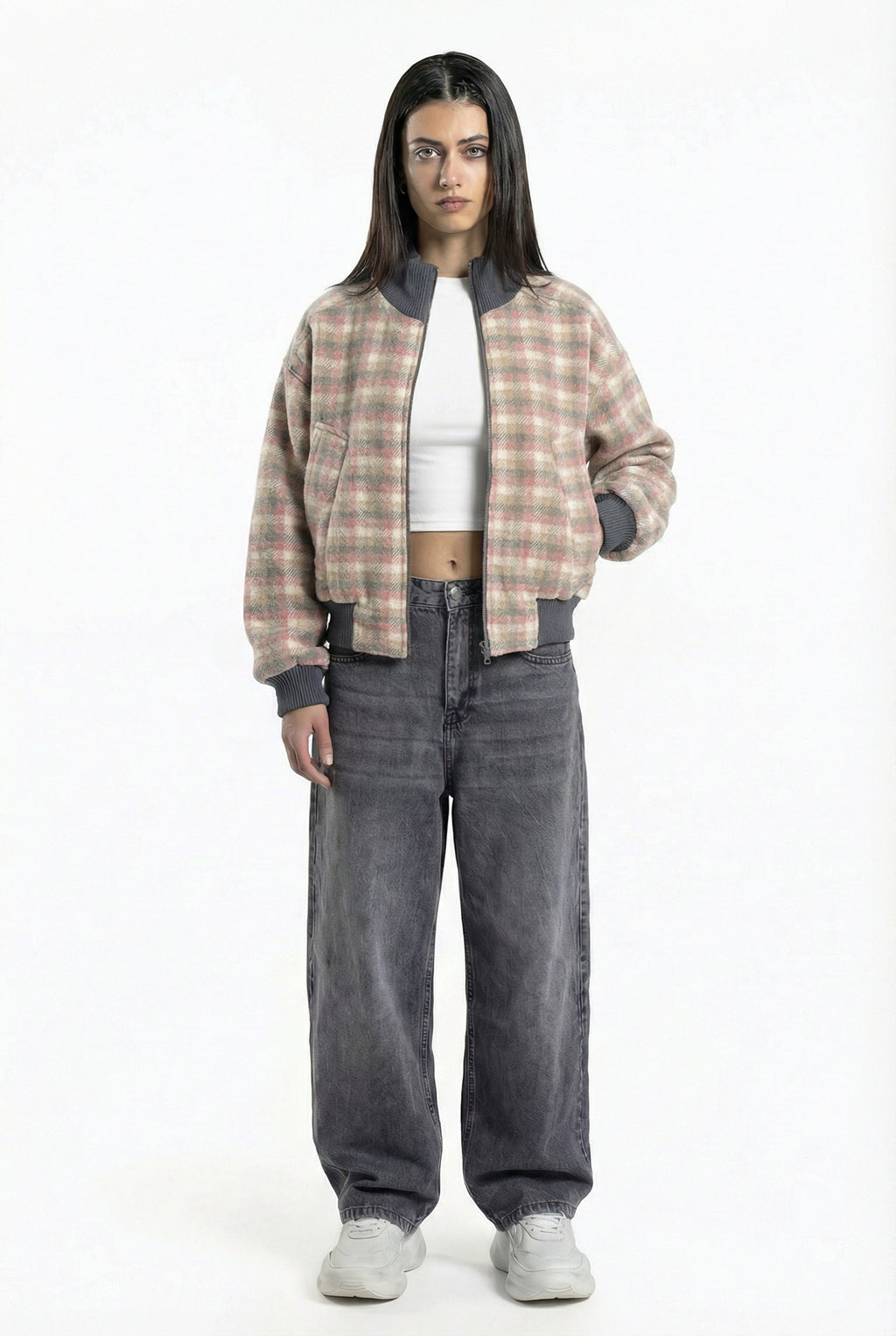 bomber jacket with a checkered pattern