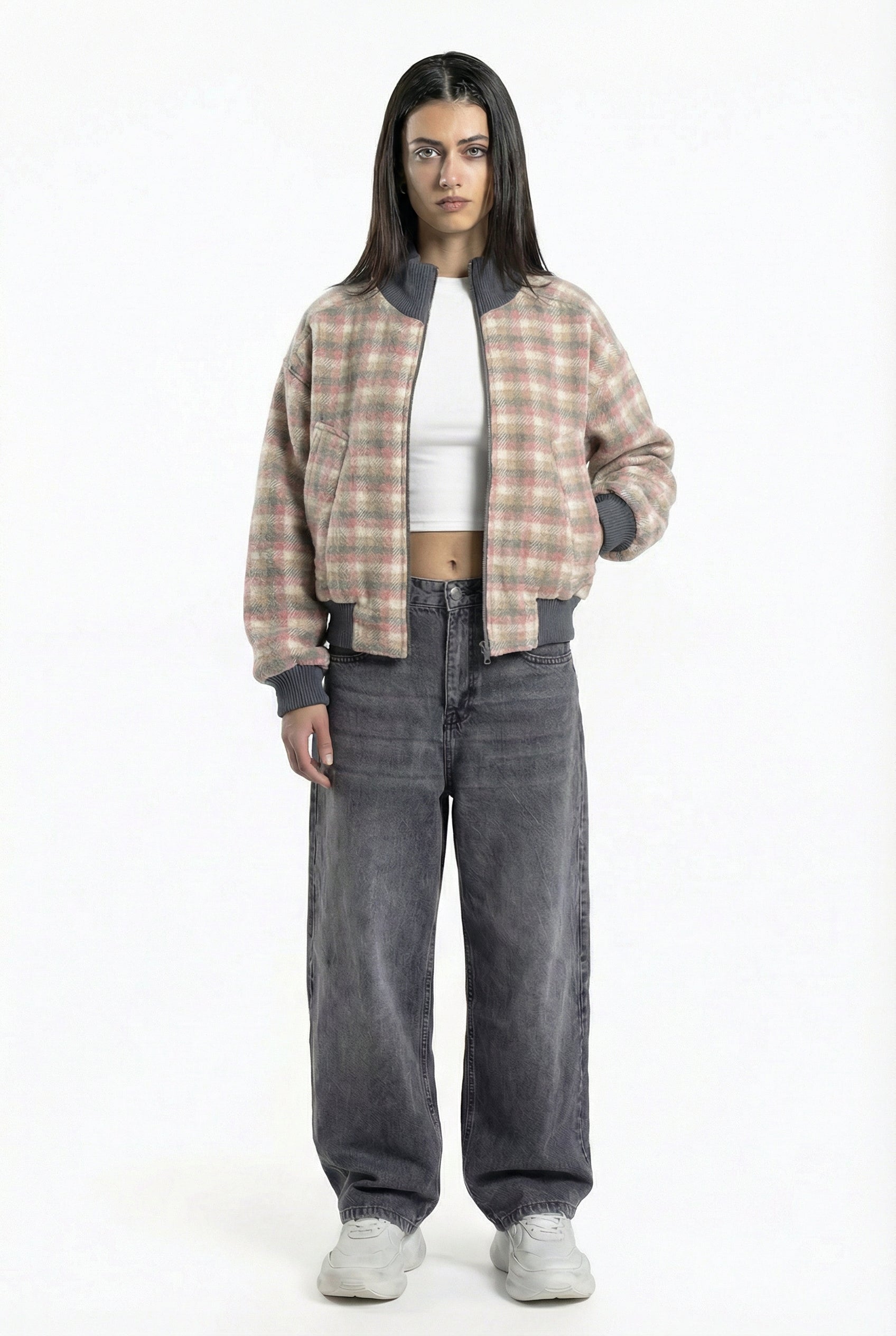 bomber jacket with a checkered pattern