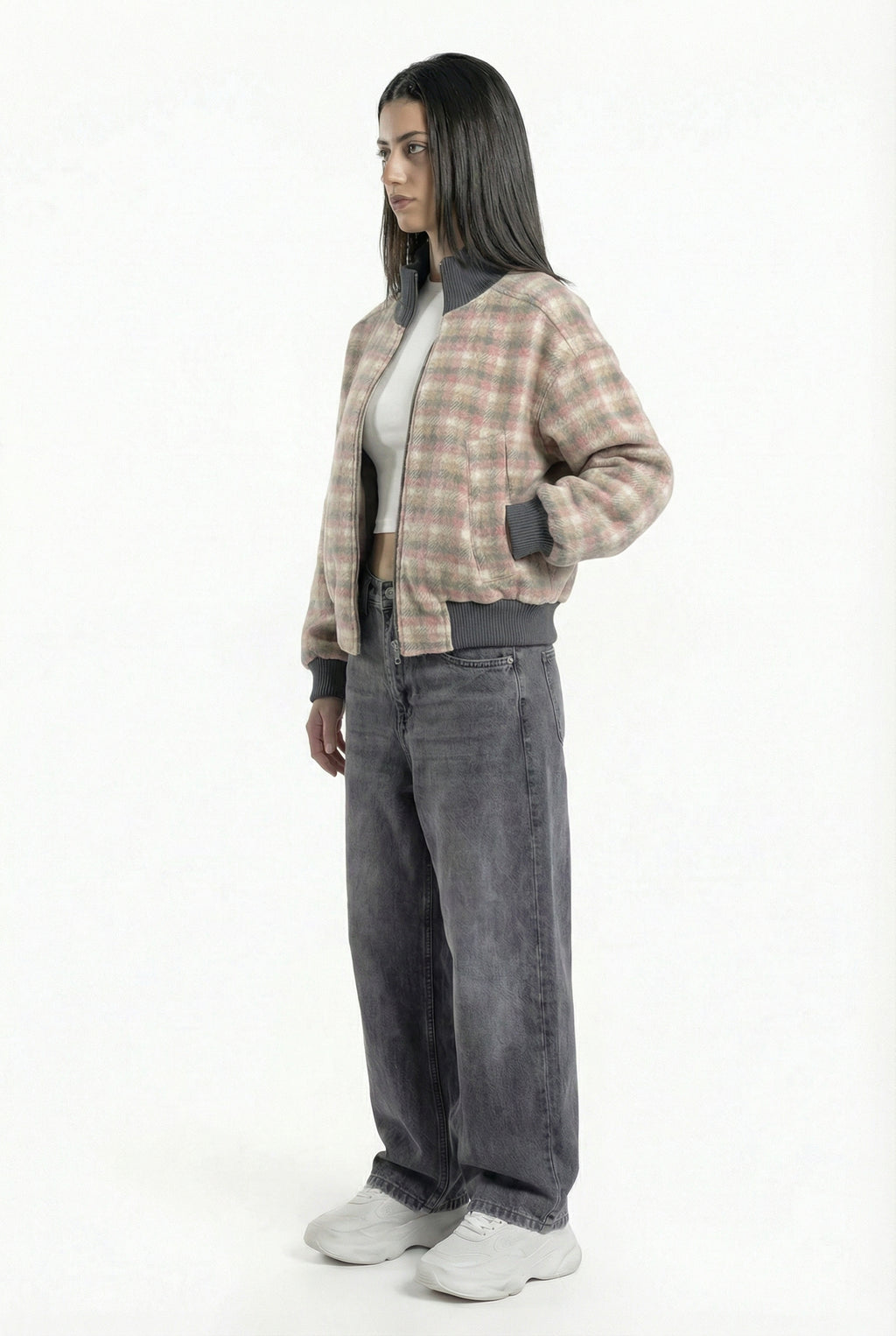 bomber jacket with a checkered pattern