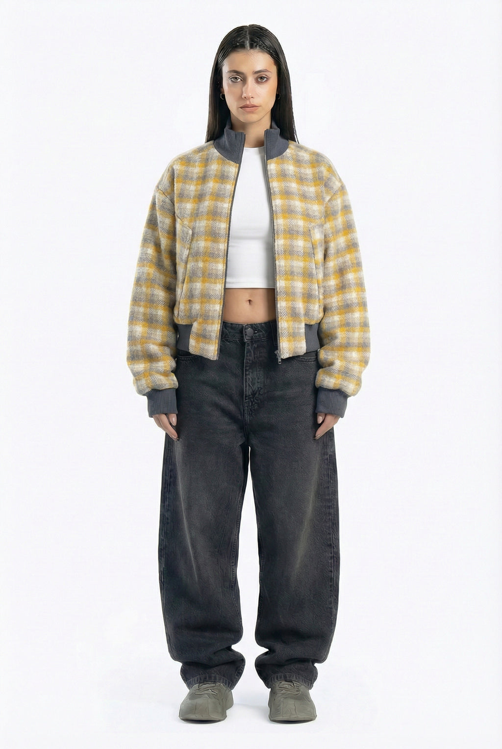 bomber jacket with a checkered pattern