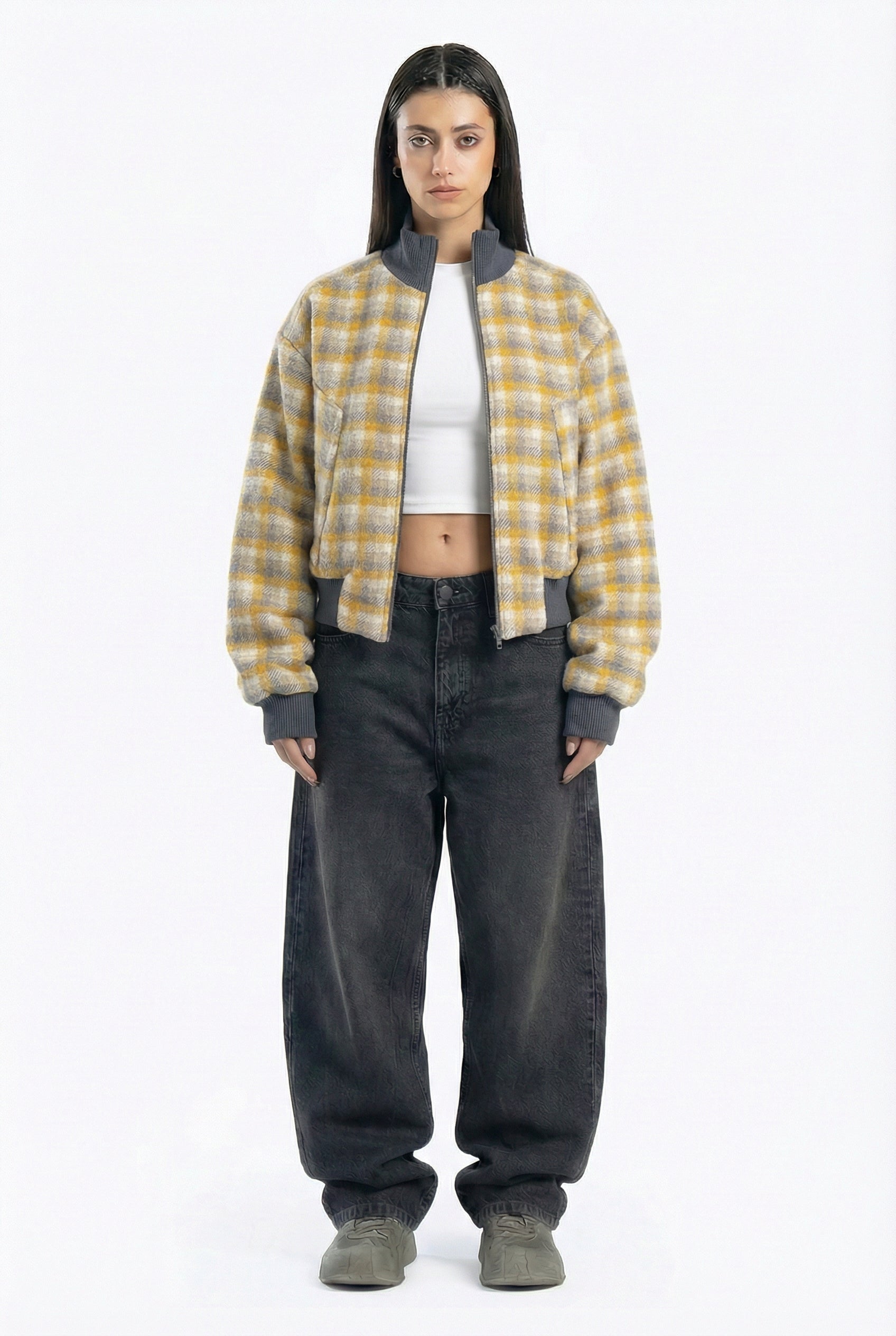 bomber jacket with a checkered pattern